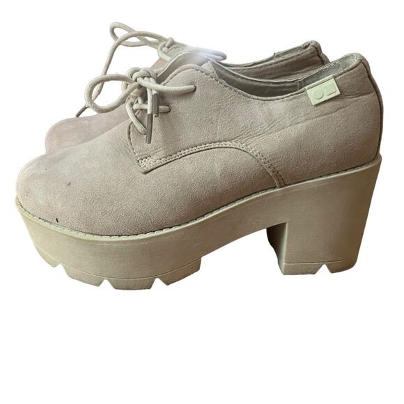 Vtg 90s Y2K Coolway Tan Suede Chunky Lace Up Oxford Heeled Loafers - Picture 1 of 10